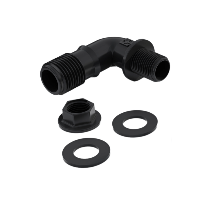 1/2" Elbow w/ Nut & Gaskets - 1/2" MPT or 3/4" Barb Fitting