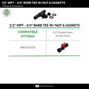 1/2" MPT w/ Nut & Gaskets - 3/4" Barb Tee Fitting