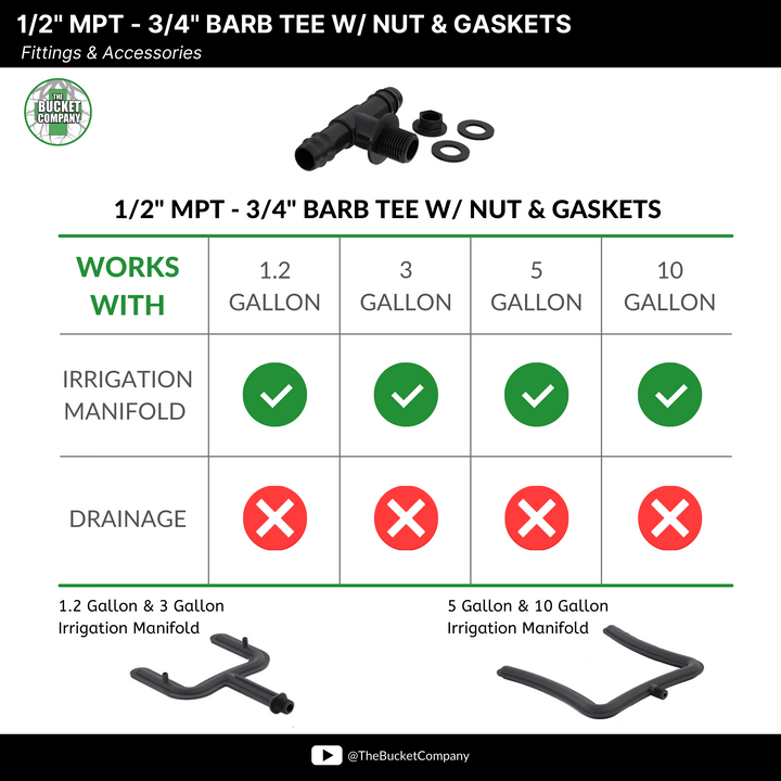 1/2" MPT w/ Nut & Gaskets - 3/4" Barb Tee Fitting
